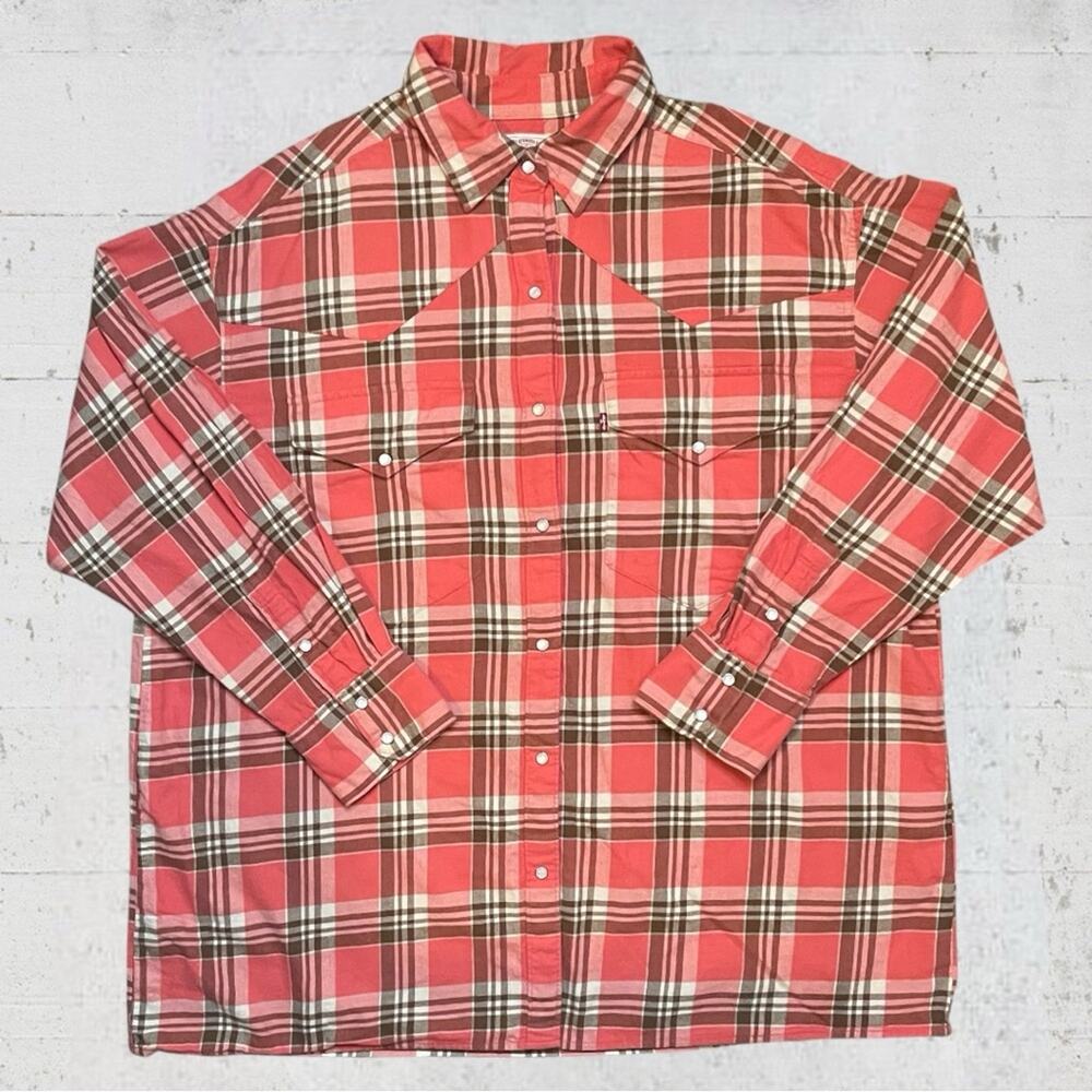 Levi’s Women’s Relaxed Oversized Western Pearl Snap Plaid Flannel Size Large